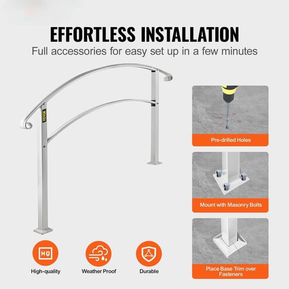 4-Step Outdoor Handrail in White, Wrought Iron Construction - Non-Slip Grip for Safety on Porch Steps, Wood or Concrete Stairs