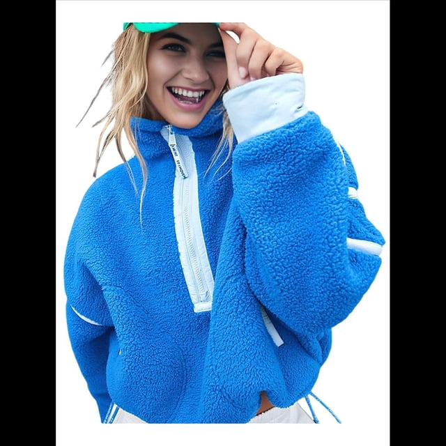Suéter de Media Cremallera para Mujer, Sudadera Suave de Gran Tamaño con Bolsillos, Suéter Cálido Azul L