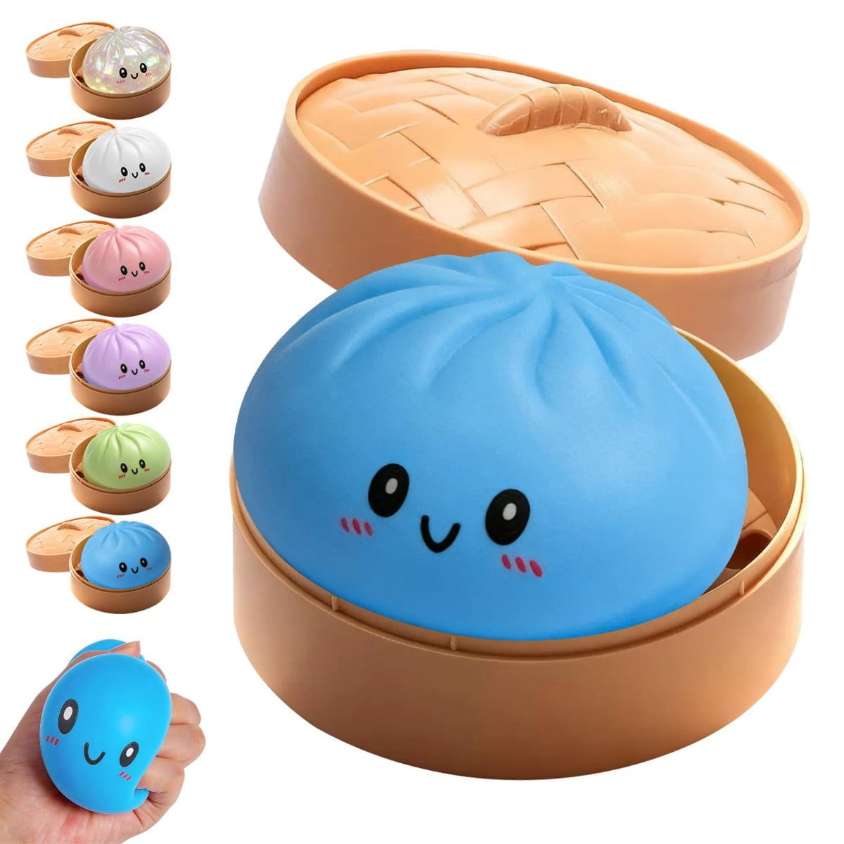 Glitter dumpling squishy box, colorful stress balls, soft dough fidget for child adult anxiety relief.