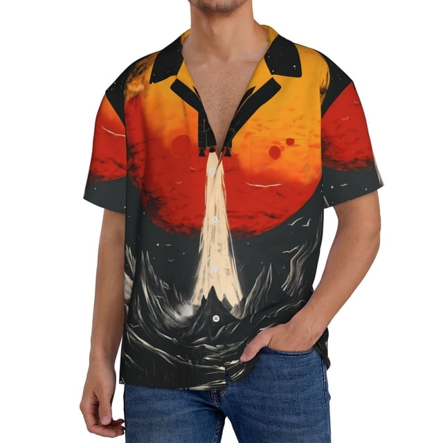 Fotbe Retro Space Rocket Launch Camisa Estampada de Manga Corta para Hombre, Casual de Verano, Estilo Playero, Sin Arrugas-Small