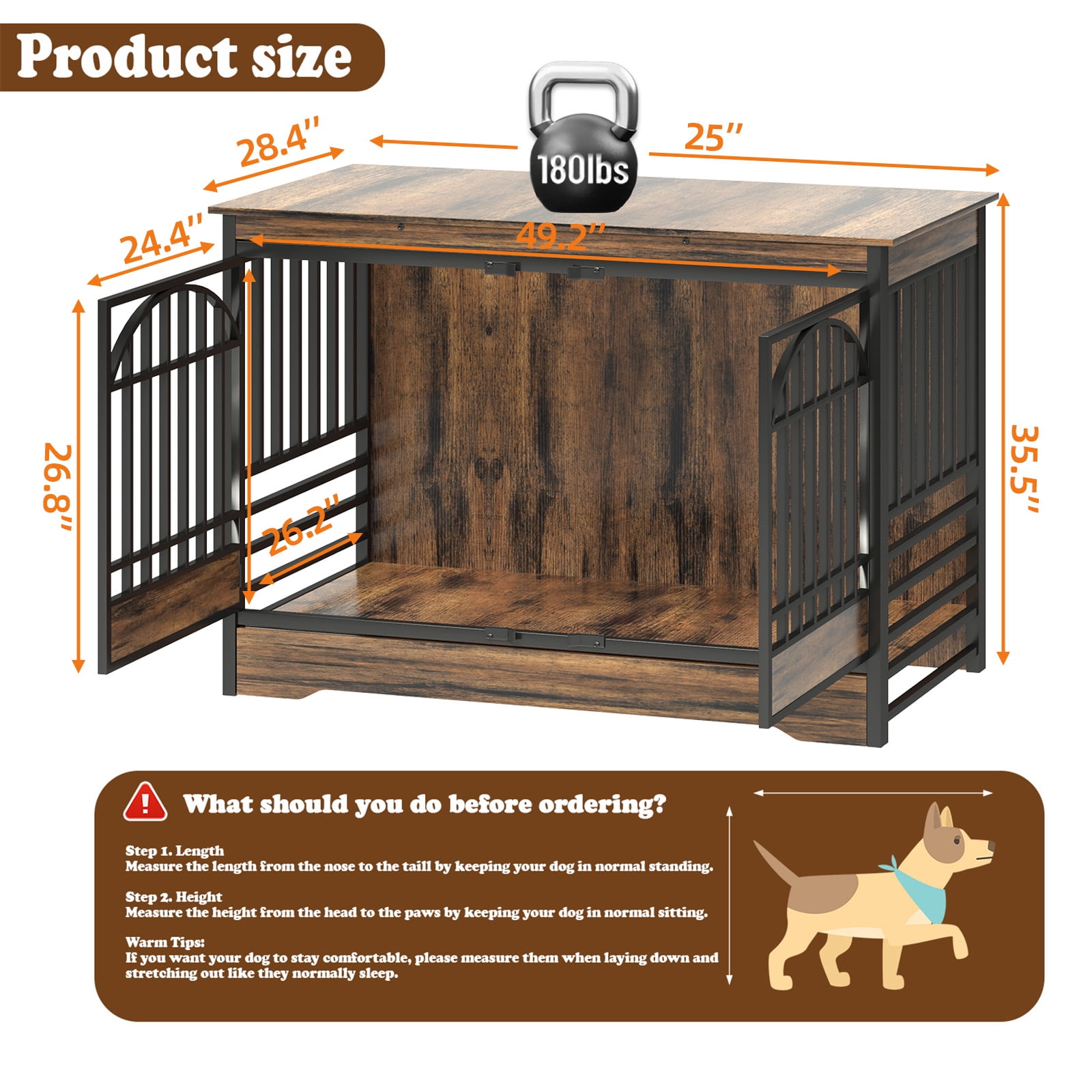 Bel Ark 52 inch Dog Crate Furniture Wooden Indoor Dog Cage XL Indoor Dog Kennel for Extra Large Dog with Double Arched Doors