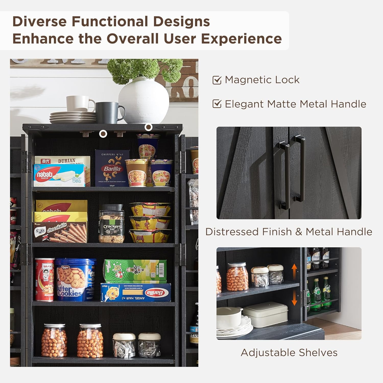 ACCOHOHO 47" Kitchen Pantry Cabinet, Farmhouse Storage Cabinet with Adjustable Shelves for Kitchen, Dining Room, Bathroom - Black