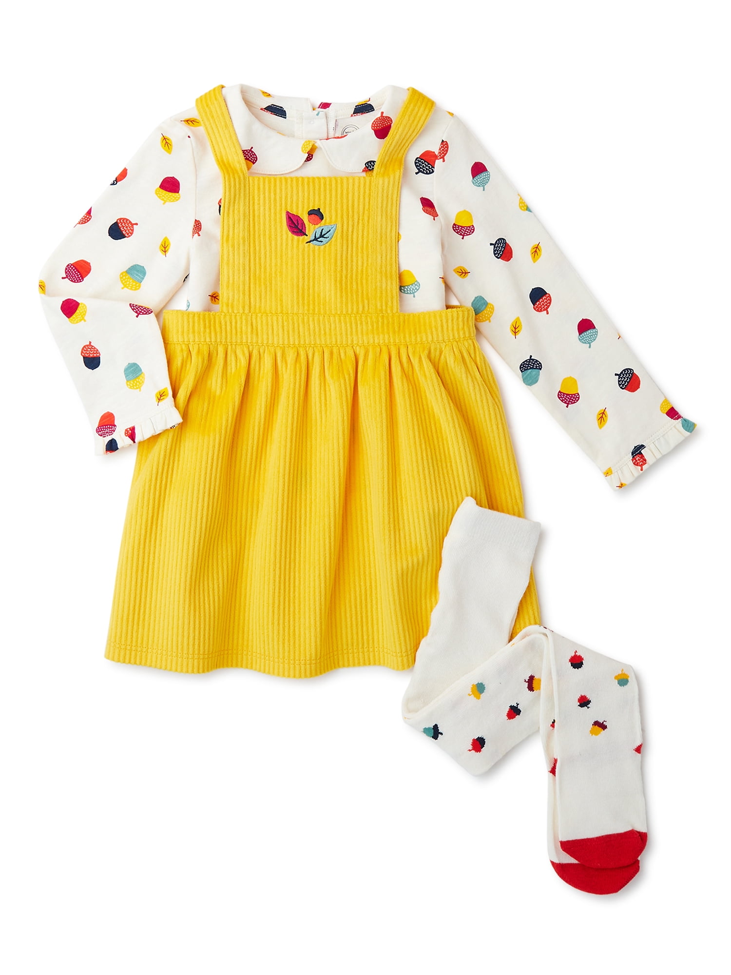 Wonder Nation Baby Girl Pinafore Dress, Long Sleeve Top and Tights Set