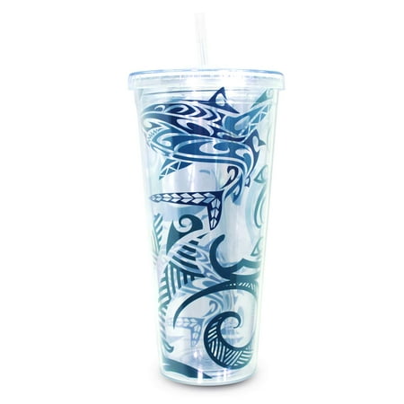 

24 oz. Hawaiian Double Insulated Acrylic Travel Tumbler with Straw Tribal Shark