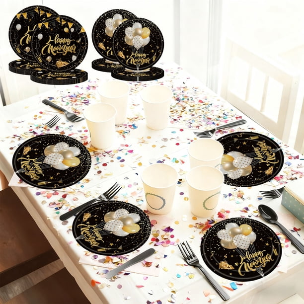 Platos de fiesta de Nochevieja - Platos de papel desechables negros y dorados en formato ovalado negro y dorado para postres navideños y decoración de mesa