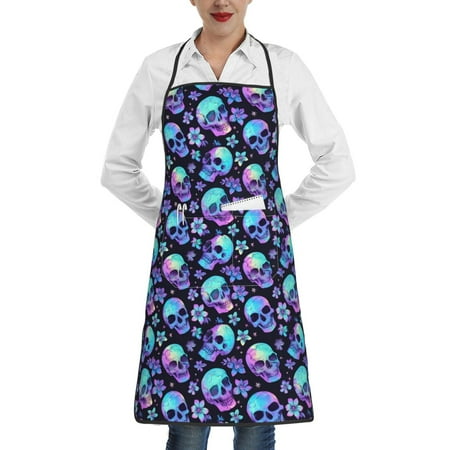 

Pofeuu Skull flower tie dye Print Aprons with Pockets Cute Aprons for Kitchen Cooking Server Barber Chef Apron