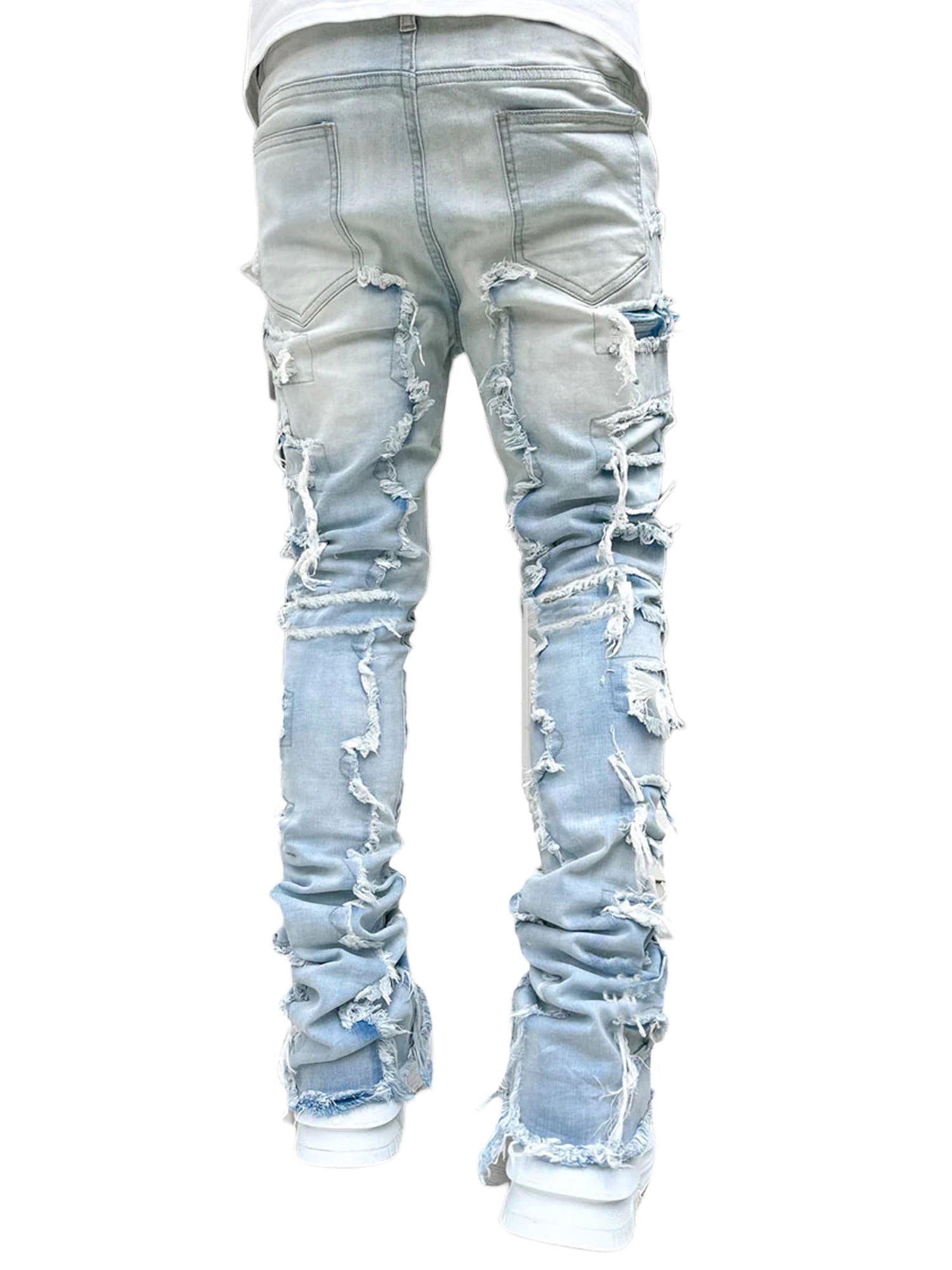 Licupiee Men Ripped Jeans Slim Fit Skinny Denim Pants Casual Tapered Leg  Knee Hole Distressed Jeans Trousers