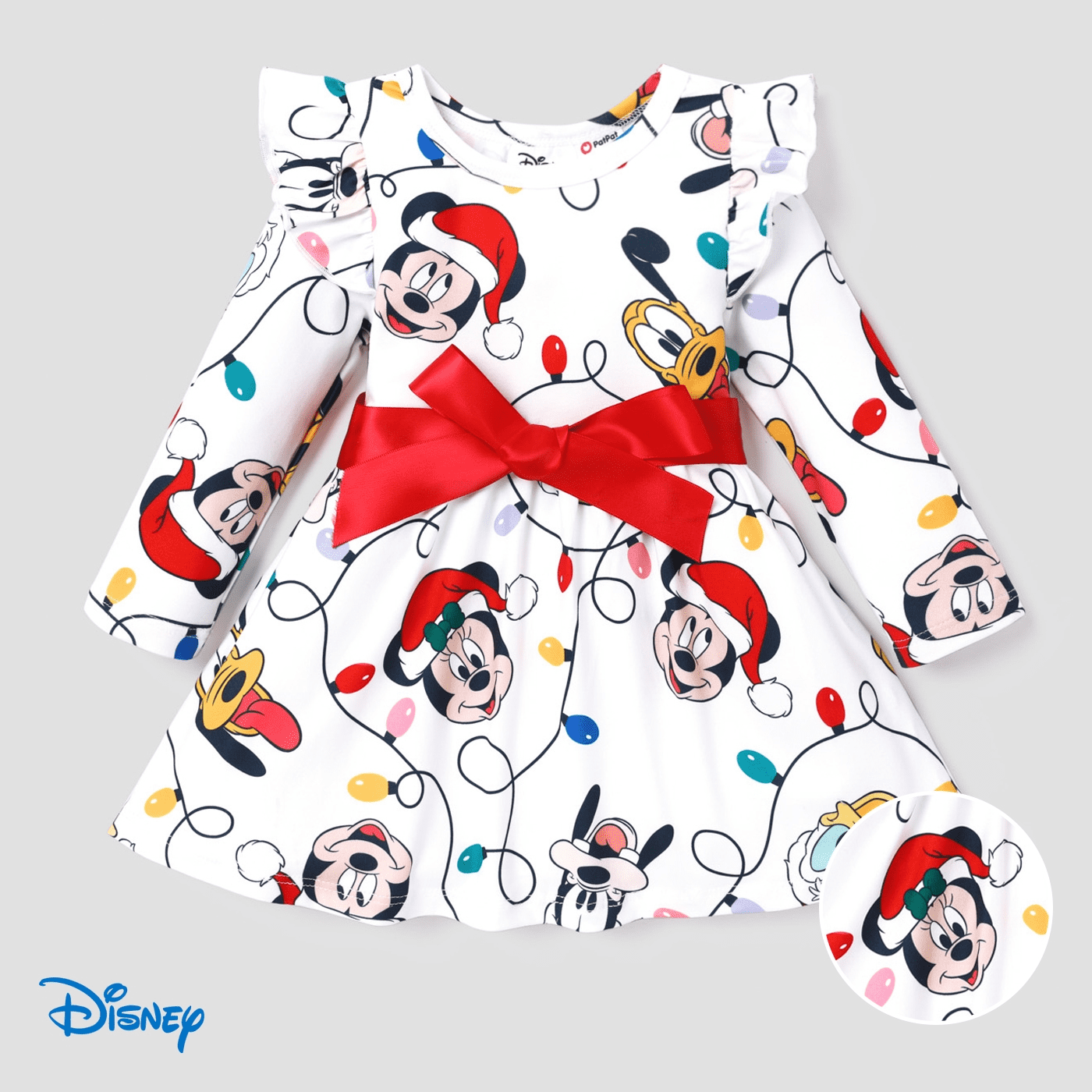 Disney Mickey and Friends Girls Dresses Christmas Full Print Bow Tie Long Sleeve Outfits Sizes 3M 5Y