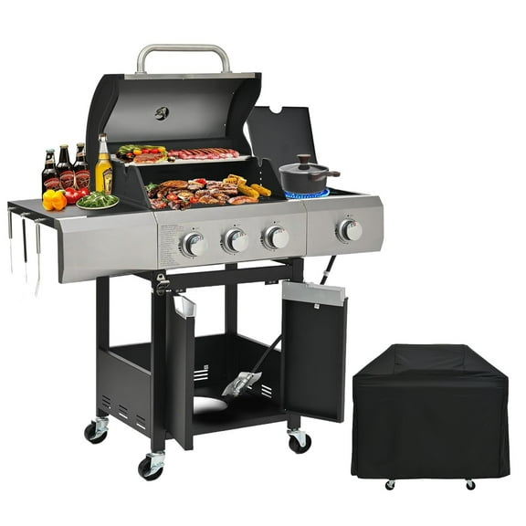 3 Burner Propane Gas Grill with Side Burner, 40500 BTU Stainless Steel Barbecue Grill for Outdoor, BBQ gas grill with Tool Holder, Wheels, and Bottle Opener