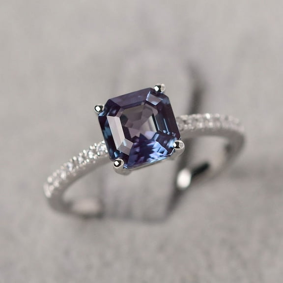 Elegant Asscher Cut Alexandrite Engagement Ring 14K Solid White Gold Rings Color Changing June Birthstone Ring