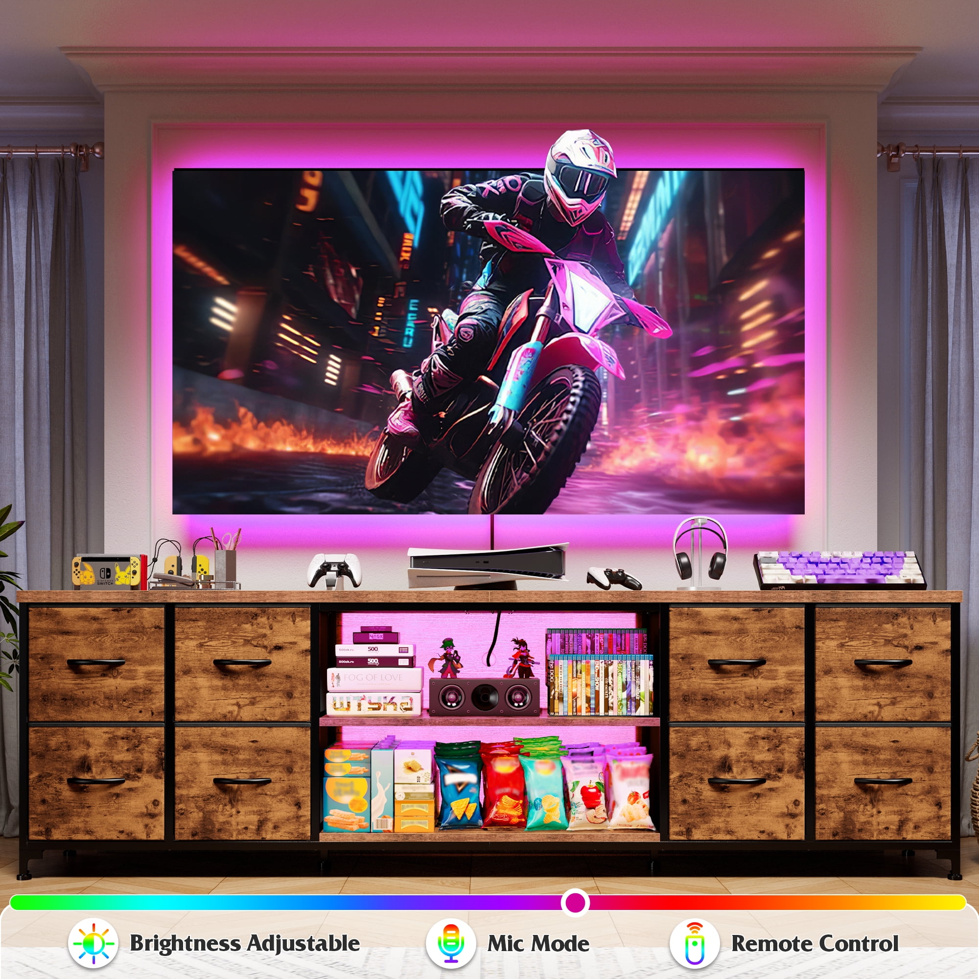 EnHomee 62.3" W TV Stand for 65 70 inch TV Dresser for Bedroom with Charging Station and LED Lights,8 Drawers Fabric Dresser with Entertainment Center for Living Room,Rustic Brown