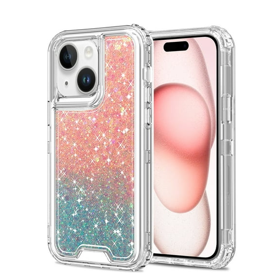For iPhone 12 & iPhone 12 Pro Epoxy Sticker Glitter 3in1 Shockproof Transparent Hybrid Case - Pink   Light Blue