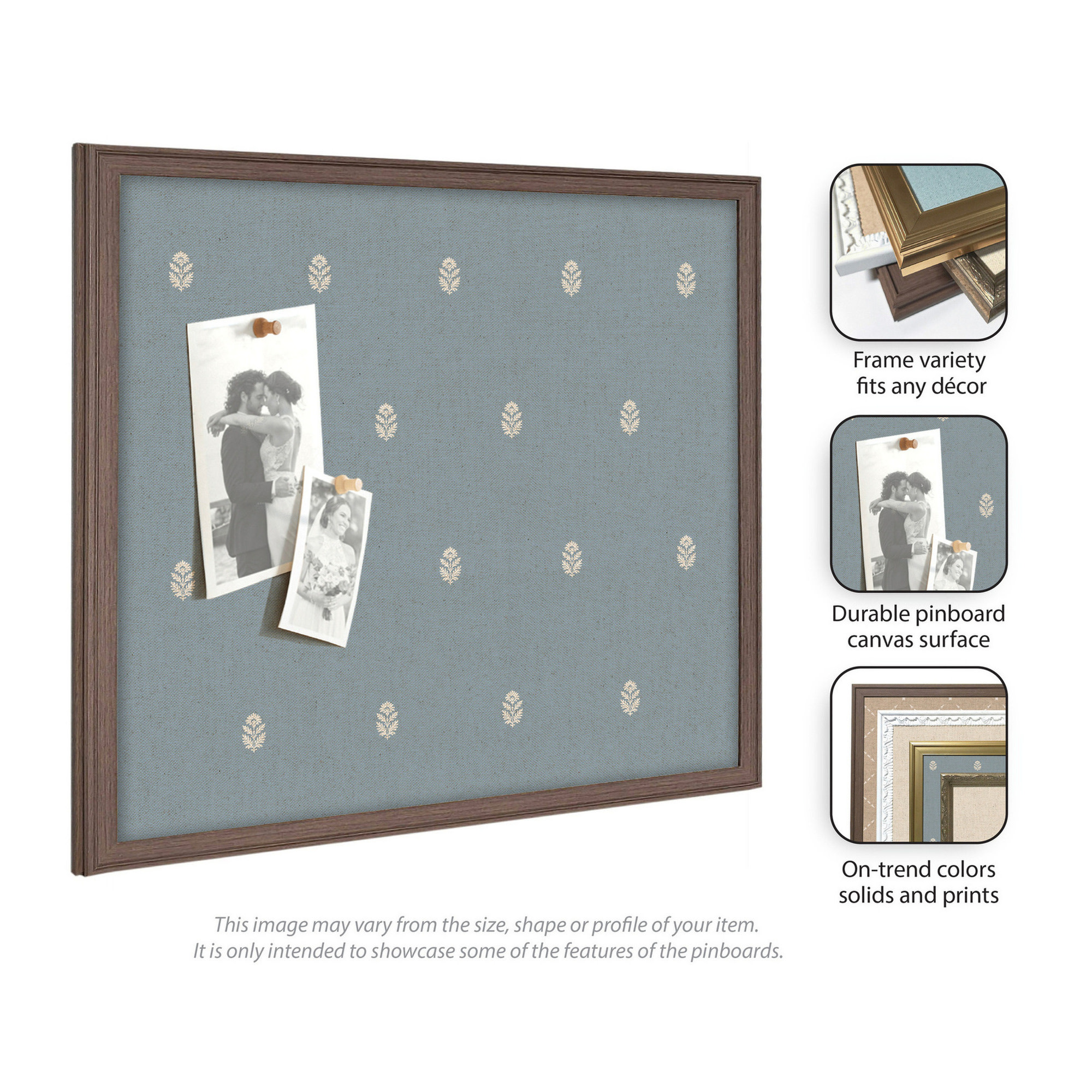 Kate and Laurel Framed Fabric Pinboard 38 x 26, Blue Botanical Block Print Printed Linen Classic Bulletin Board for Use as a Vision Board or Wall Organization, Florence Light Brown Frame