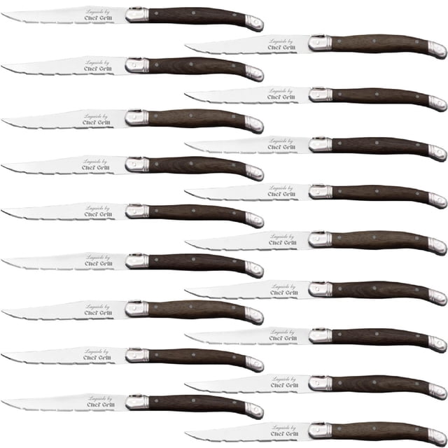 cuchillo de carne laguiole laguiolewooddark 18pzas 23 cm madera cafe oscuro acero inoxidable cuchillo para carne set de 18 cuchillos con hoja de 23 cm en acero inoxidable y filo microdentado, mango ergonómico de madera palisandro color café oscuro con remaches metálicos, alineados sobre fondo blanco; también adecuados para filetear y servir porciones en mesa.