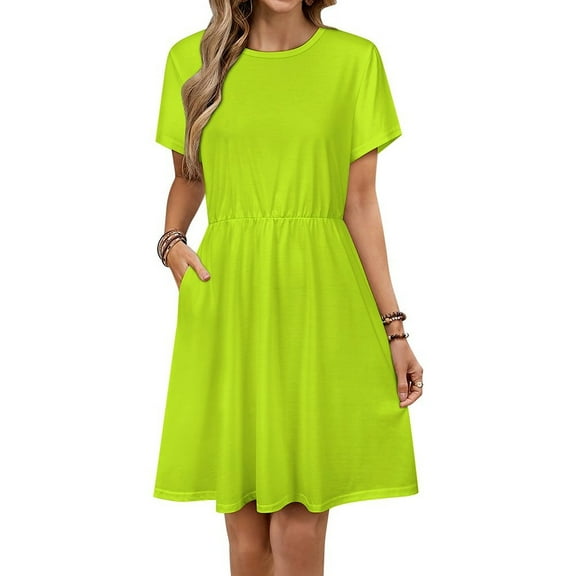 Solid Color Bright Green Women's Dress Short Sleeve Summer Sundress Summer Women Clothes