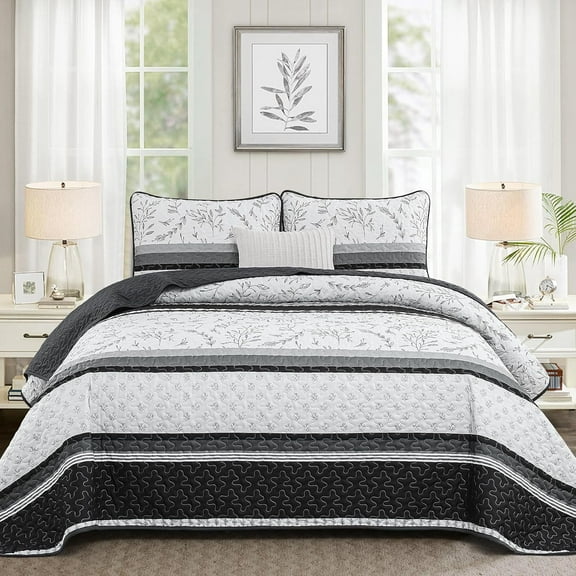 Black Striped Quilt Queen Size Boho Patchwork Leaves Printed Bedspread Coverlet Set Bedding Set for All Season