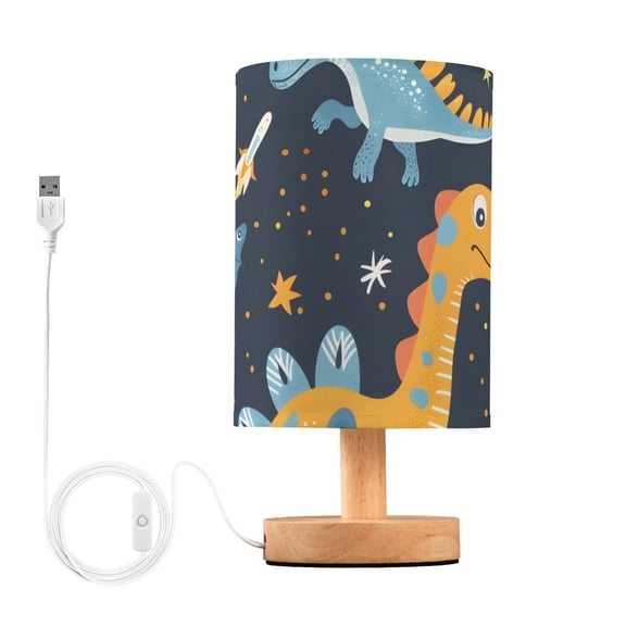 Dinosaurs in Space Table Lamp USB Bedside Desk Nightstand Lamp Printed Gifts Small Lamp Wood Base for Bedroom Living Room Kids Room College Dorm