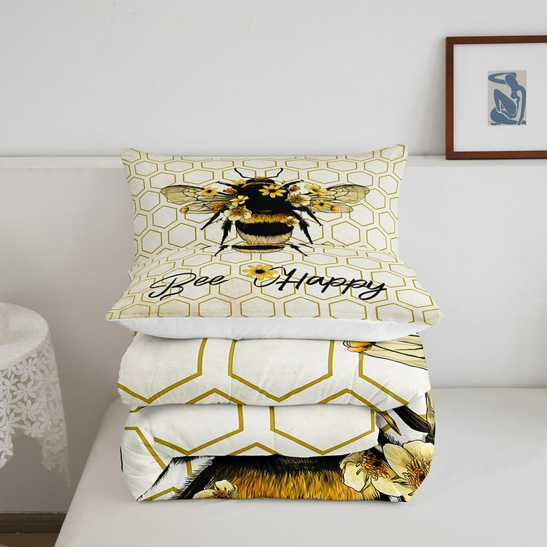 Chic Honey Bee Bedding Set King Gold Honeycomb Comforter Set Bee Happy Printed Duvet Insert Yellow Sunflower Quilt Sets Geometry Hexagon Bedding