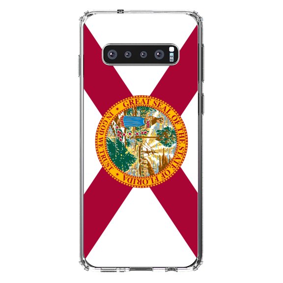 DistinctInk Clear Shockproof Hybrid Case for Samsung Galaxy S10  PLUS(6.4" Screen) - TPU Bumper, Acrylic Back, Tempered Glass Screen Protector - Florida State Flag - US State Flag