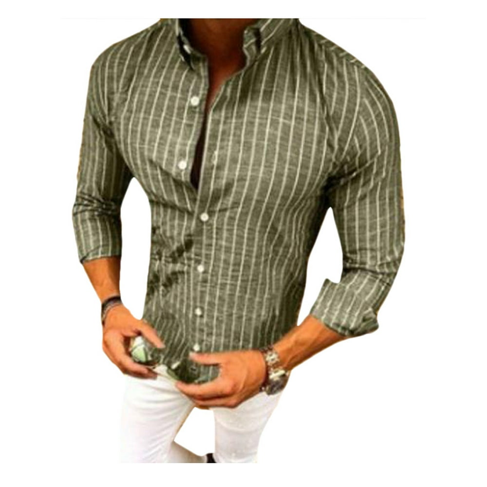 Men's Stripe Long Sleeve Shirt Slim Fit Button Tee Top Summer Casual ...