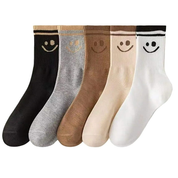 Women 5 Pairs Cute Smiley Face Print Cotton Crew Socks, Comfort Breathable, US 6-10