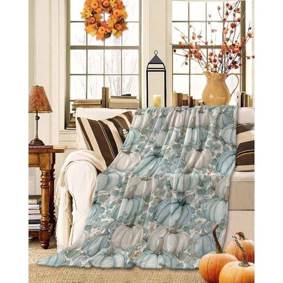 Throw Blanket Fleece Throw Blanket 50x60in, Thanksgiving Pumpkins Botanical Seamless Soft Lightweight Bed Blankets Fall Eucalyptus Leaves Fuzzy Couch Blankets for All Season