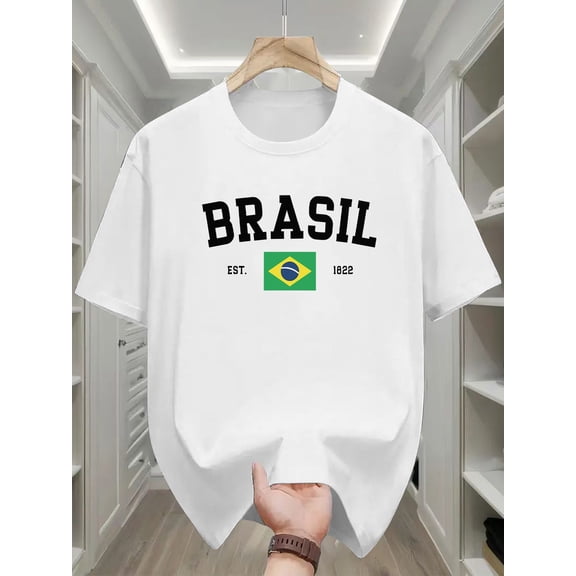 Mens Brazil T-Shirt with Brazil Map Outline And BR Logo- Greenyellowblack National Colors, Stretchy Casual Crew Neck T-Shirt, Breathable Summer Shirt, Suitable Brazilian Themed Events, Fans,