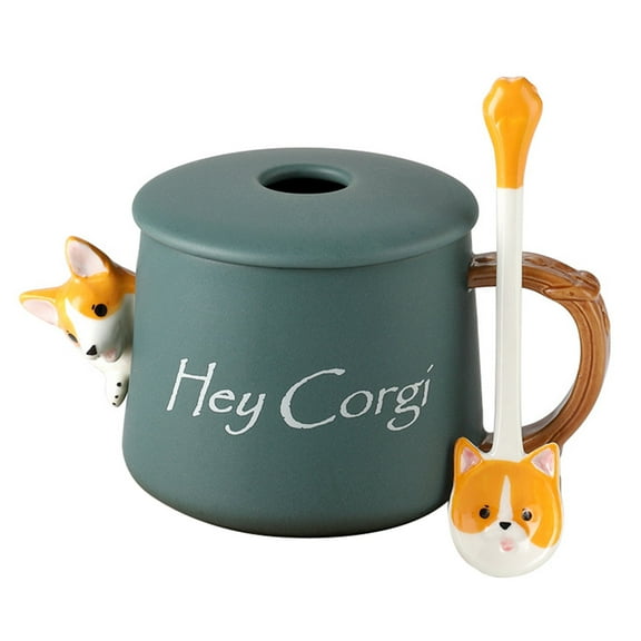Stri 1pc Corgi Cup Ceramic Mug Durable Cup Storage Cup with Cover Spoon (Green)