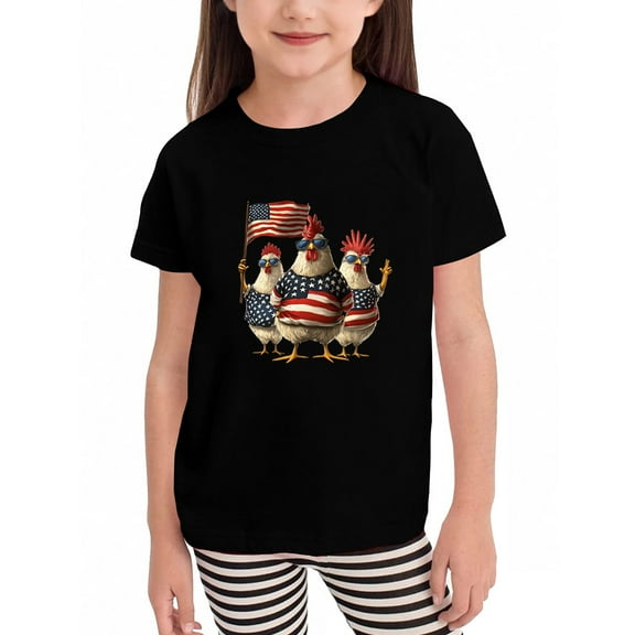 WTOBBY Toddler Girls Short Sleeve Independence Day Small Print T-Shirt Top - Casual Kids Shirt for Patriotic Fun and Everyday Wear,Black 100