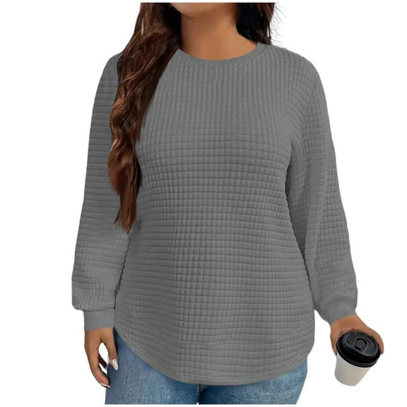 Uootdi Plus Size Clothes for Women Round Neck Long Sleeve Curved Hem Waffle Casual Gift Loose Pullover Solid Color Fall Shirts