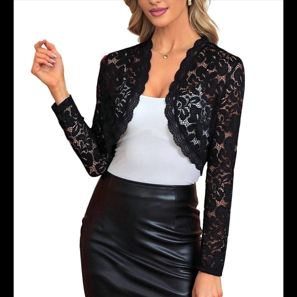 Cárdigan de Encaje para Mujer, Larga, Transparente, con Estampado Floral Negro M