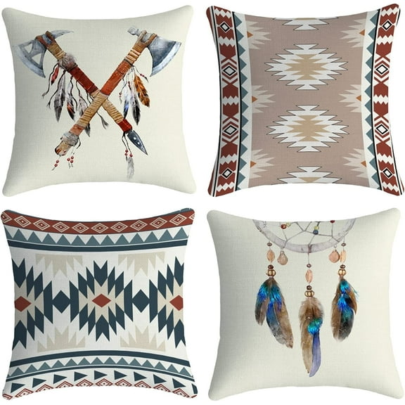 Boho Pillow Covers Set of 4 18x18 Dreamcatcher Aztec Tomahawk linens Cotton Decor Modern kilimThrow Pillows Accents Outdoor Farmhouse Patio Home Sofa Couch Holiday Cases Decorations