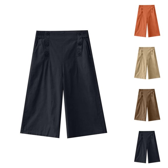 Cotton Linen Capri Pants for Women Elastic High Waist Lightweight Wide Straight Leg Cropped Pants Capris with Pockets