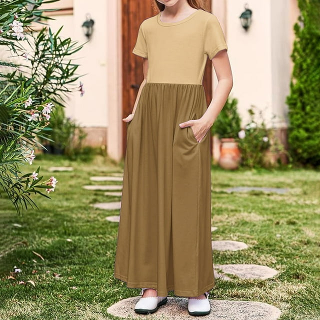 Archinjoy Robes Longues pour Filles Manches Courtes Décontractées Robe Maxi Fluide avec Poches Mode Colorblock Col Rond