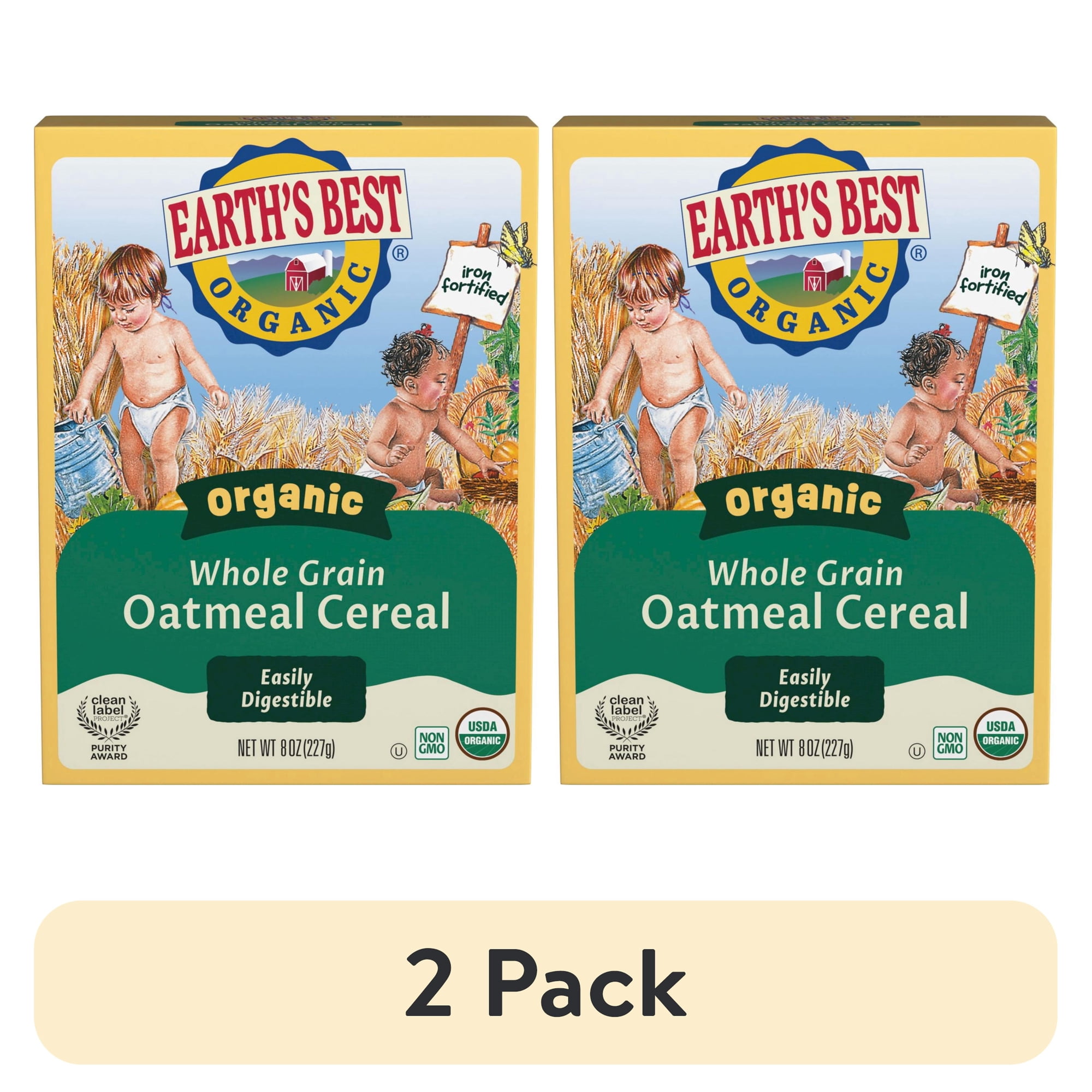 (2 pack) Earth's Best Organic Whole Grain Oatmeal Baby Infant Cereal 4+ Months, Clean Label , Non-GMO, Iron Fortified, 8 oz Box