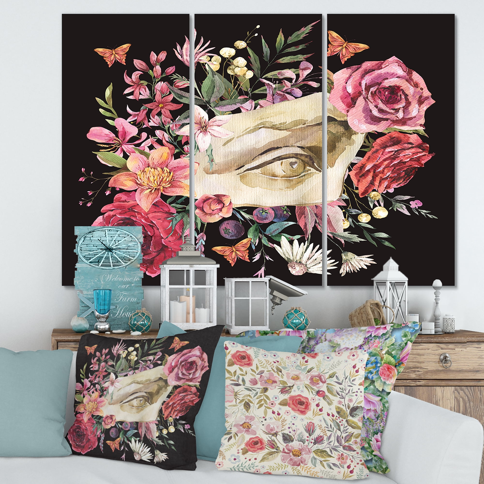Designart ' Dried Wildflowers With Greek Sculpture David Eye ' Farmhouse Canvas Wall Art Print