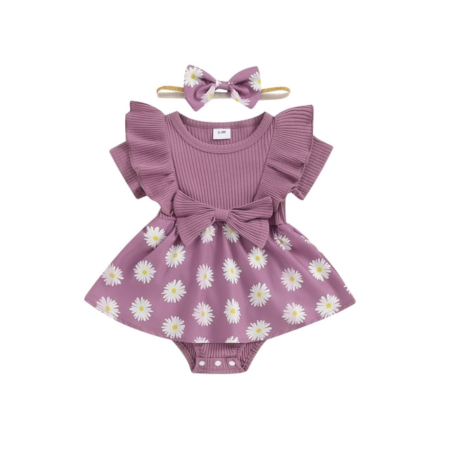 EYIIYE Barboteuse-Robe pour Bébé Fille 3 m 6 m 9 m 12 m 18 m Nouveau-Né Combinaison à Manches Courtes Imprimé Marguerites Col Rond Justaucorps-Robe avec Bandeau à Nœud Tout-Petit Mignon Décontracté Doux Vêtements d'Été