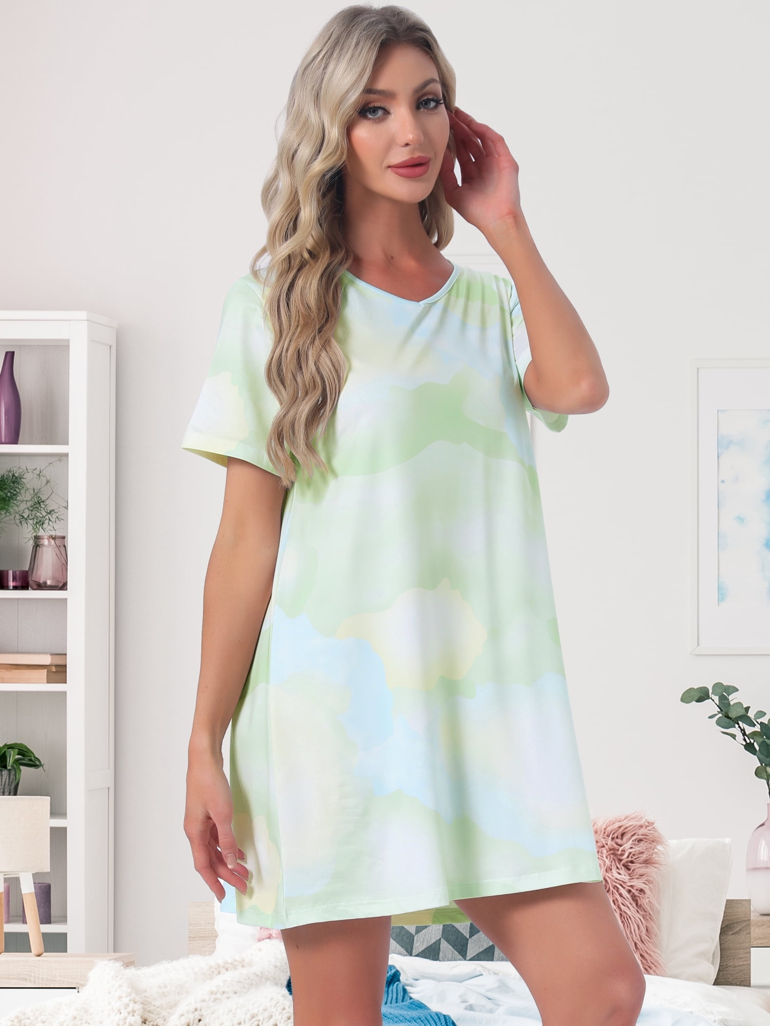 DARING DIVA Women's Short Sleeve Nightgown Soft Stretchy Pajama Dress L Light Green