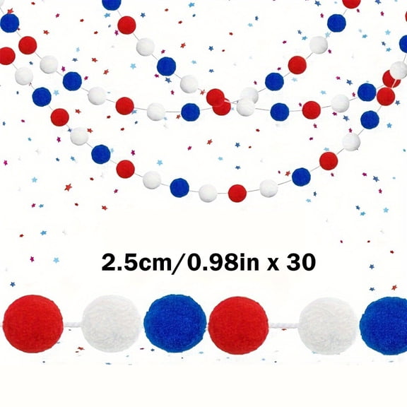 Wzzjkit Patriotic Wreaths Patriotic Red White Blue Garland 6.56ft, 30 Cute Pompom Balls 4th of July Wreath, Memorial Day Wreath, Festival Garland Decoration for Door Wall Home Decor