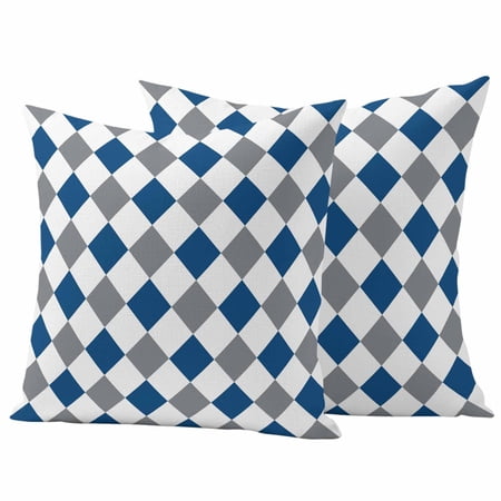 Outdoor Waterproof Throw Pillow Covers Set of 2 Gray Blue Plaid Decorative Pillowcases Square Outdoor Pillows Cushion Case 18x18 Inch Geometric Diamond Shapes Patio Pillows for Couch Sofa Bed Garden