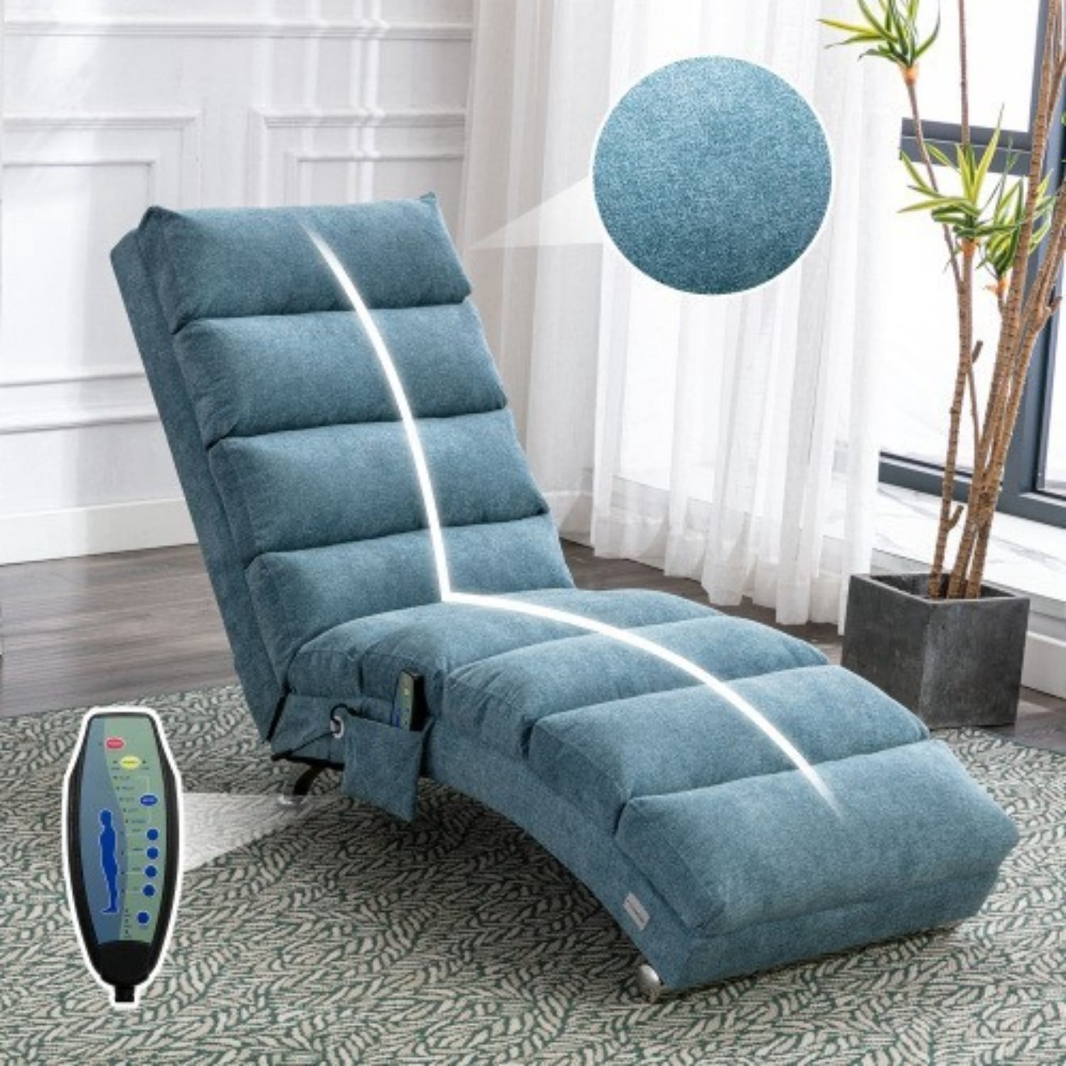 Upholstered Chaise Lounge Chair with Vibration, Modern Fabric Leisure Recliner with Ergonomic Fixed Back, Side Pocket & Lumbar Pillow, 300 lbs Capacity, Blue