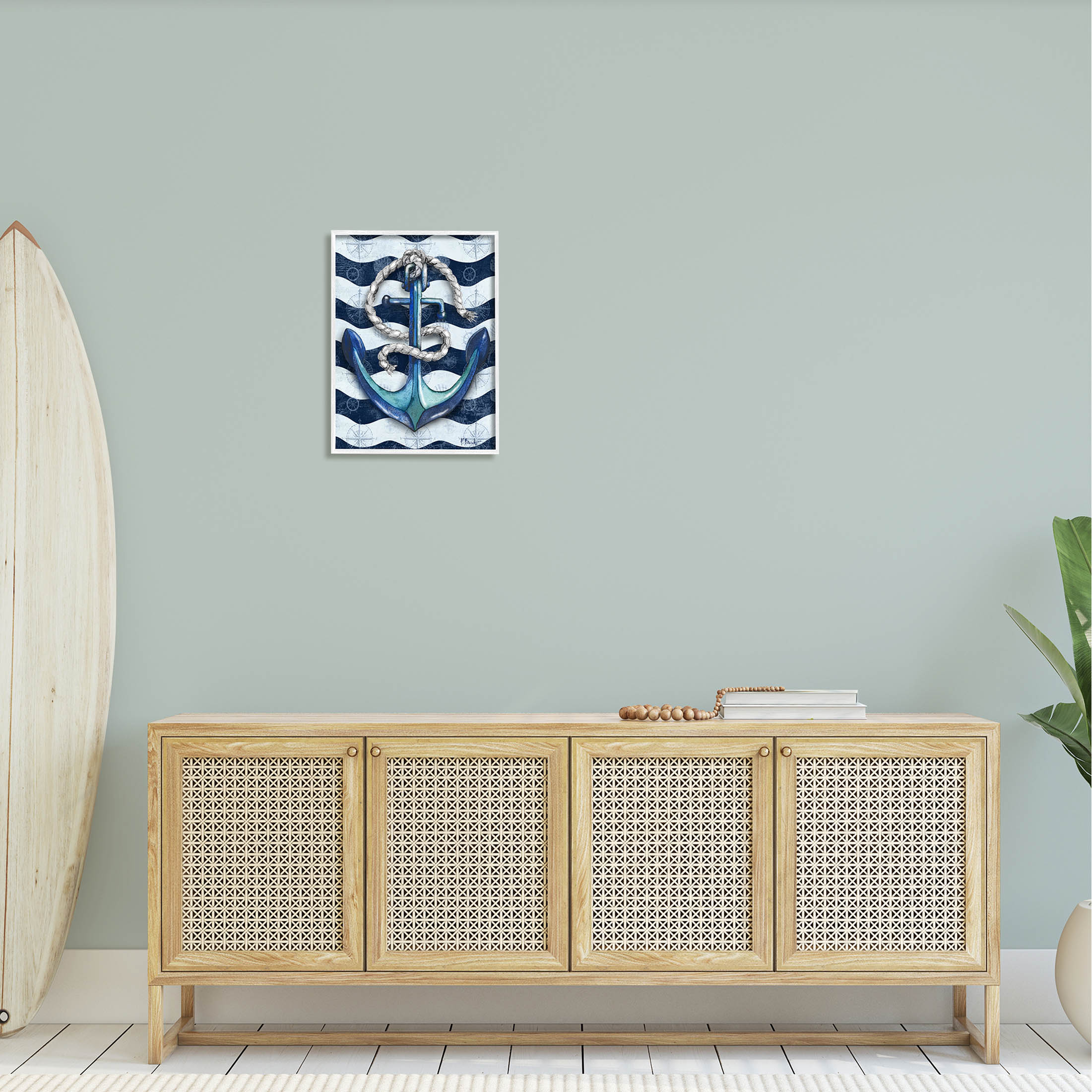 Stupell Industries Nautical Anchor Wavy Navy Stripes Graphic Art White Framed Art Print Wall Art, Design by Paul Brent