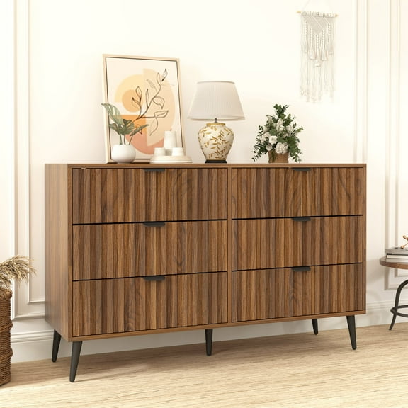 6-Drawer Fluted Dresser – Modern Natural Wood Dresser with Blister Drawers, Brown, Stylish Storage for Bedroom or Office