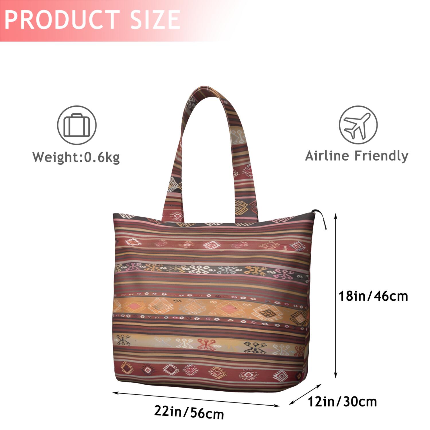 Boho Red Multicolored Ethnic Pattern Travel Tote Bags for Women Carry On,Large Weekender Bags for Women Travel,Multi Functional Duffle Bag for Work,Shopping,Sports