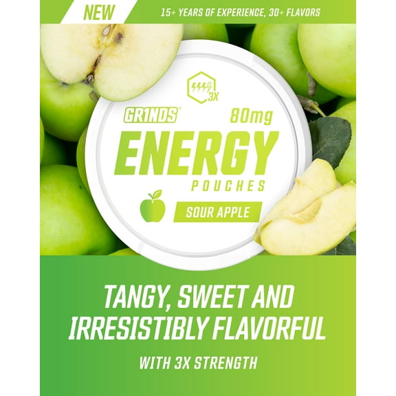 Grinds Energy Pouches, Nicotine-Free, 80mg Caffeine, Sour Apple, 18 Pouches (1 Can)
