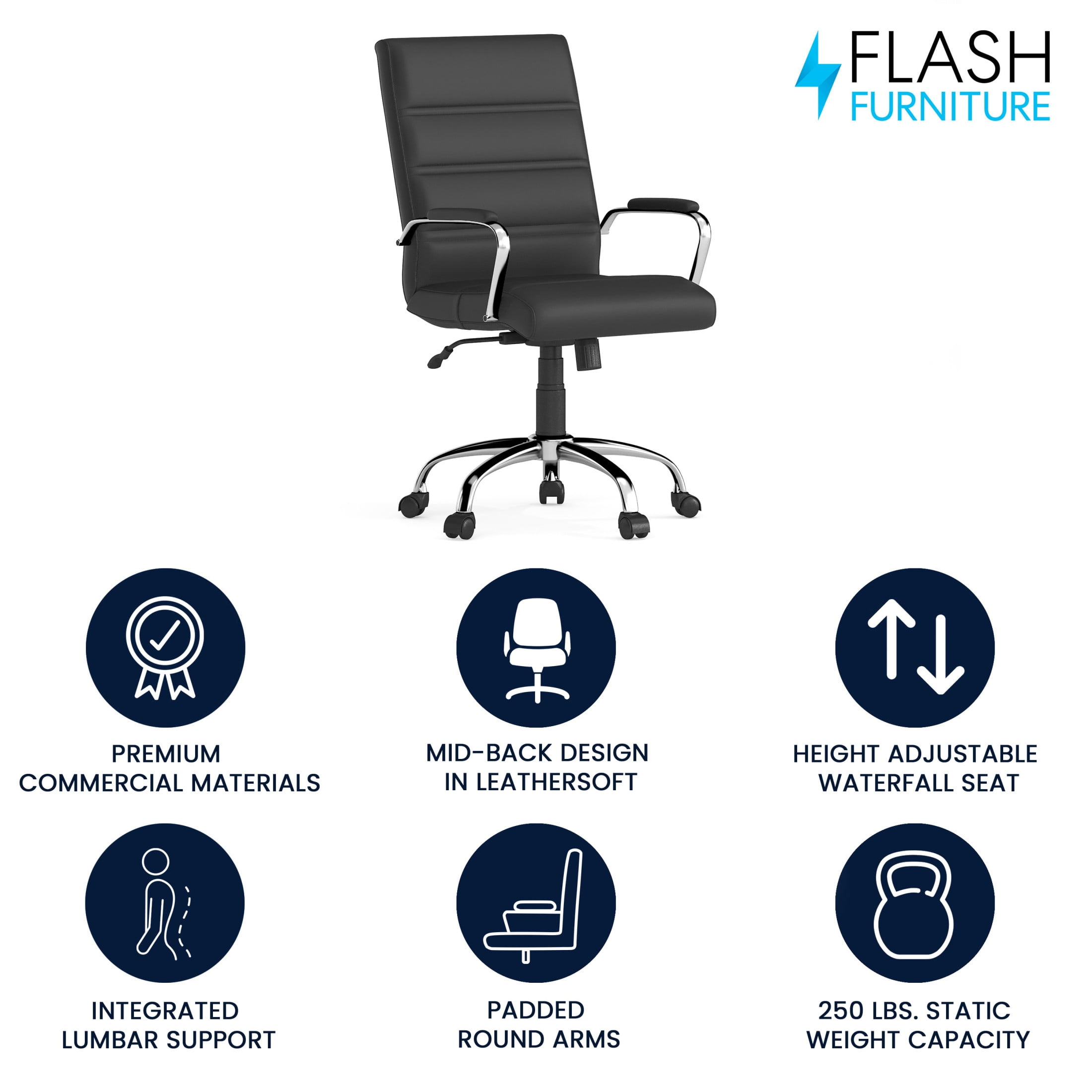 Flash Furniture Whitney Mid-Back Swivel LeatherSoft Desk Chair with Armrests, Black/Chrome