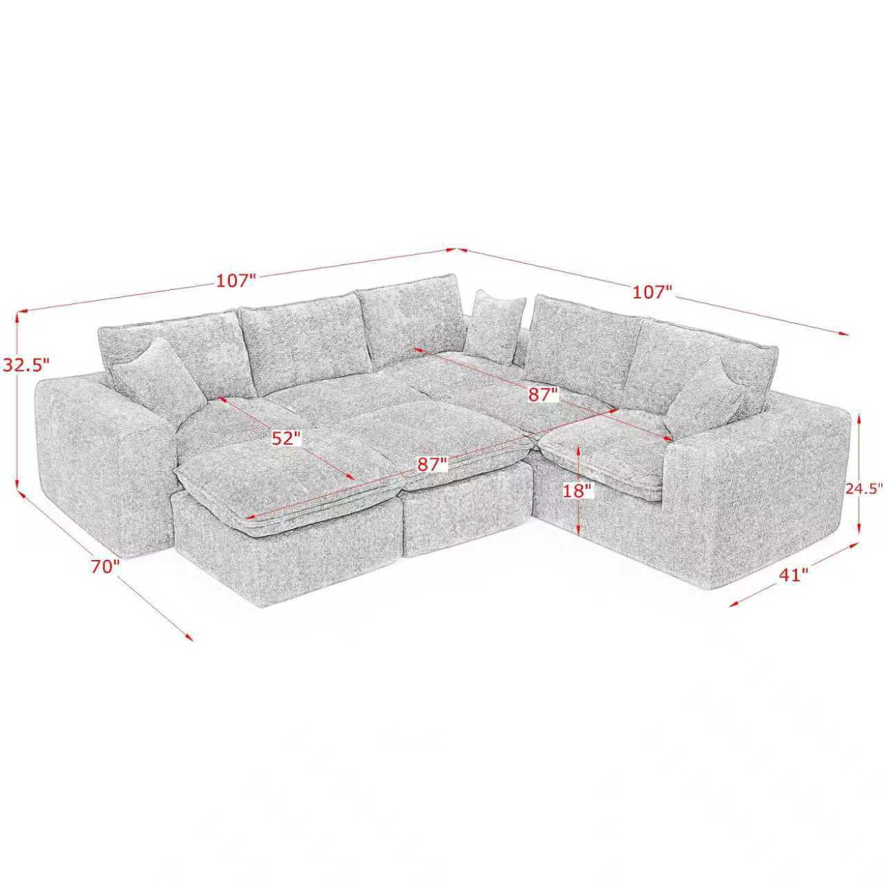 Dreamzie 107" Sectional Sofa,L-shaped Sectional Sofa Comfy Cloud Couch with Pillows, 7 Seater Modular Sectional Sofa, Warm White