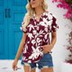 thumbnail image 3 of Camisa de manga corta de gasa para mujer, estampado floral, manga corta, verano, cuello en V, pantalón corto suelto y casual, Top de manga corta, rojo vino S, 3 of 6