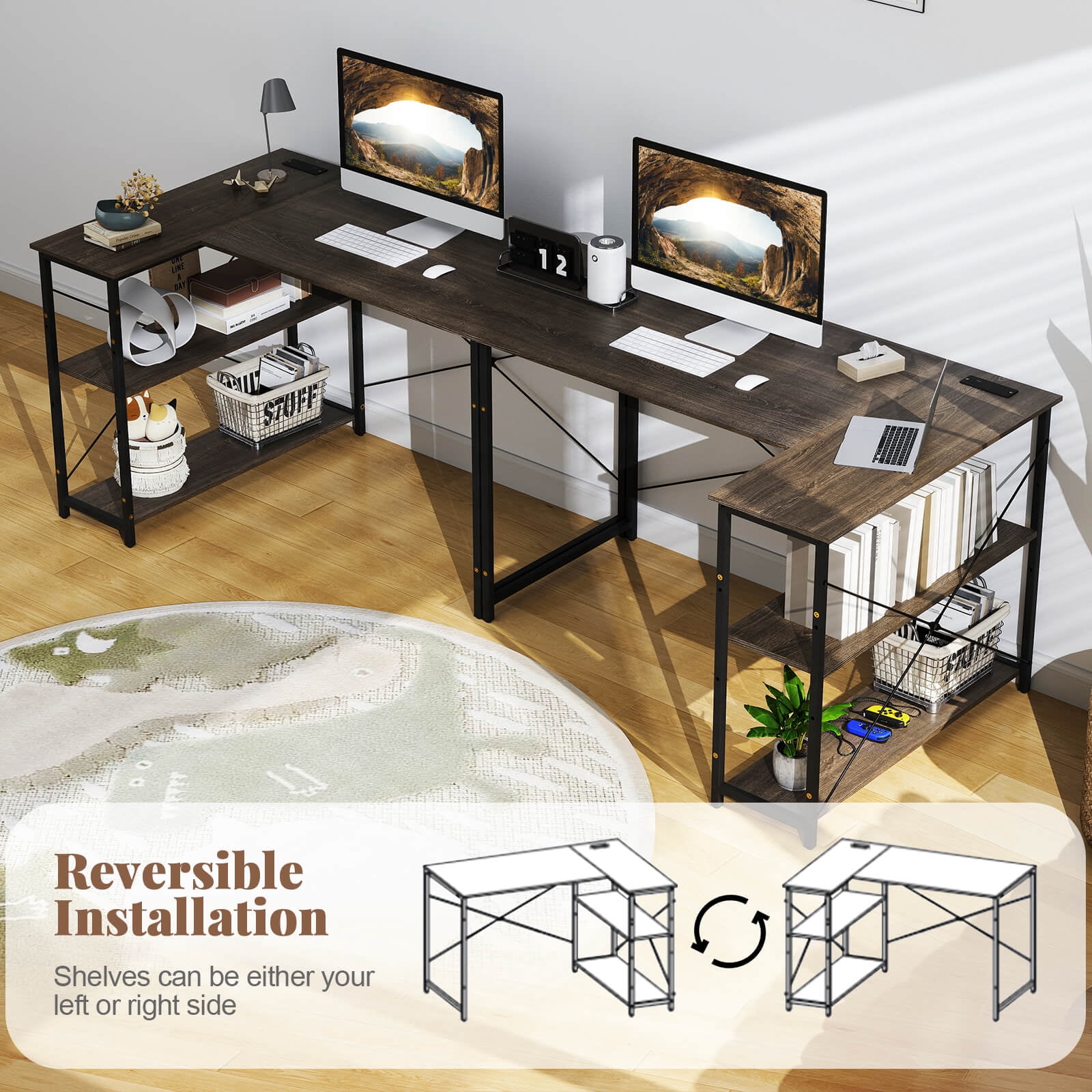 Costway 47" Reversible Corner Desk with Power Outlet Adjustable Side Storage Shelves Gray
