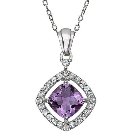 Amethyst Cushion-Cut with White Topaz Halo Sterling Silver Pendant, 18